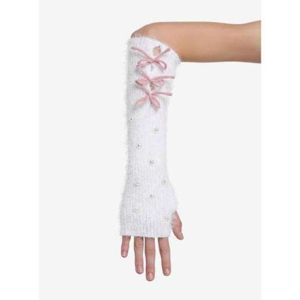 Hot Topic White Ivory Fuzzy Arm Warmers Faux Pearl Pink Ribbon Bow Coquette Ball